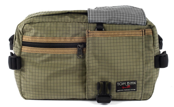 The LGD in Taiga/Coyote/Northwest Sky. Front view, front buckle pocket lifted up to show the Northwest Sky lining.